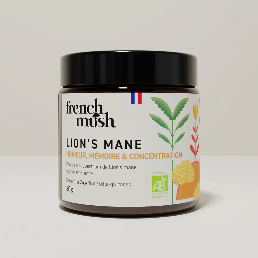 French Mush compléments alimentaires à base d'extraits de champignons médicinaux biologiques fabriqués en France Le Lion’s Mane - TDA - poudre -