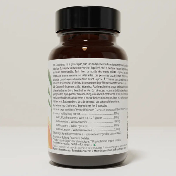 French Mush compléments alimentaires à base d'extraits de champignons médicinaux biologiques fabriqués en France Le Lion’s Mane - Concentration - gélules - gélules -