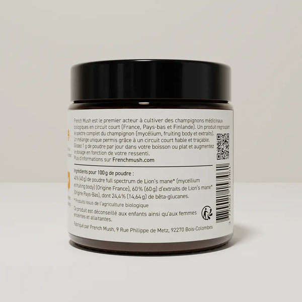 French Mush compléments alimentaires à base d'extraits de champignons médicinaux biologiques fabriqués en France Le Lion’s Mane - TDA - poudre -