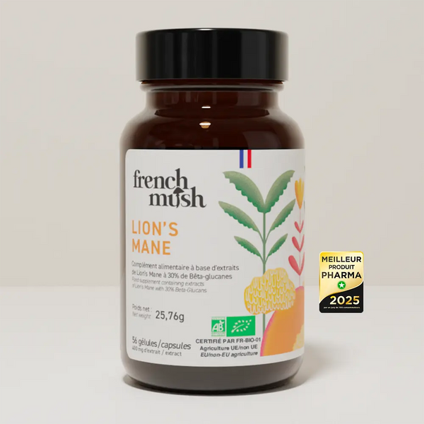 French Mush compléments alimentaires à base d'extraits de champignons médicinaux biologiques fabriqués en France Le Lion’s Mane - Concentration - gélules - gélules -