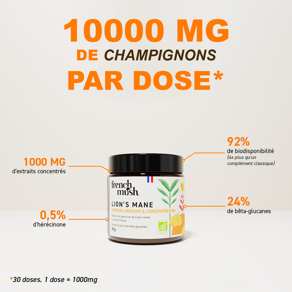French Mush compléments alimentaires à base d'extraits de champignons médicinaux biologiques fabriqués en France - 1000mg d'extraits concentrés par dose  - Lion's Mane