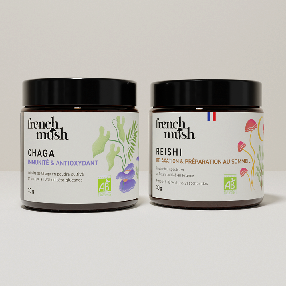 French Mush compléments alimentaires à base d'extraits de champignons médicinaux biologiques fabriqués en France Le pack Immunité et Sommeil Poudres - poudre -