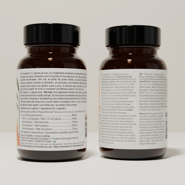 French Mush compléments alimentaires à base d'extraits de champignons médicinaux biologiques fabriqués en France Complexe Champignons 5 - Lion's Mane - gélules -