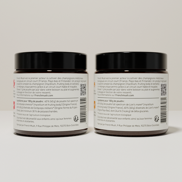 French Mush compléments alimentaires à base d'extraits de champignons médicinaux biologiques fabriqués en France Le Pack Mental et Énergie extraits en poudres - poudre -