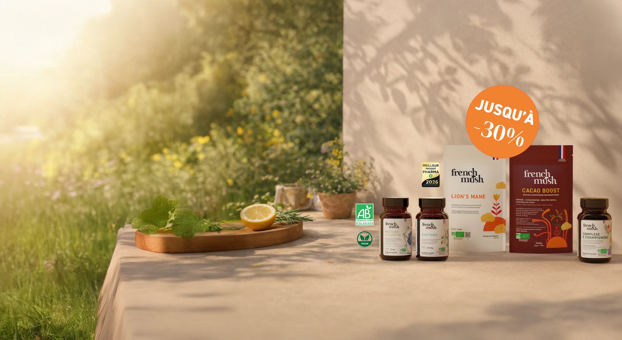 French Mush compléments alimentaires à base d'extraits de champignons médicinaux biologiques fabriqués en France - mushdays de printemps - mars 2026 4 à 8 fois plus efficace Produit le plus dosé d'Europe Cultivé en France et en Finlande Extraction breveté