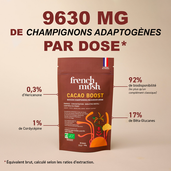 French Mush compléments alimentaires à base d'extraits de champignons médicinaux biologiques fabriqués en France Boisson Boost Bio · Cacao - gélules -