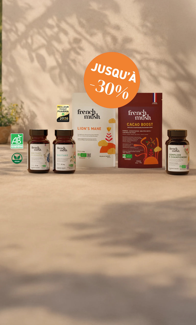 French Mush compléments alimentaires à base d'extraits de champignons médicinaux biologiques fabriqués en France - mushdays de printemps - mars 2026 4 à 8 fois plus efficace Produit le plus dosé d'Europe Cultivé en France et en Finlande Extraction breveté