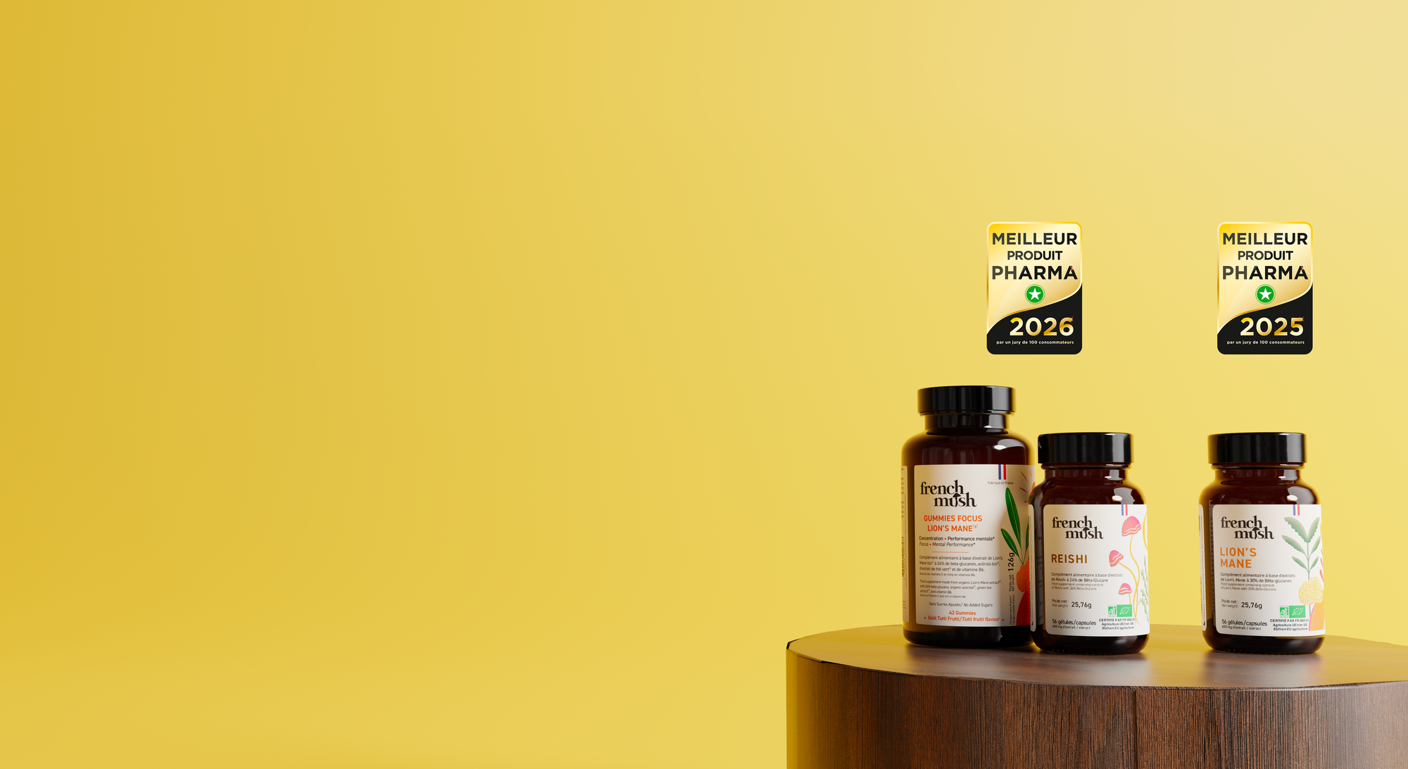French Mush compléments alimentaires à base d'extraits de champignons médicinaux biologiques fabriqués en France - Meilleurs produits pharma 2025 2026 Gummies Focus Reishi Lion's Mane