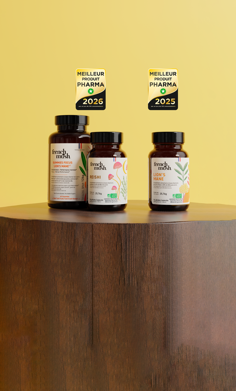 French Mush compléments alimentaires à base d'extraits de champignons médicinaux biologiques fabriqués en France - Meilleurs produits pharma 2025 2026 Gummies Focus Reishi Lion's Mane