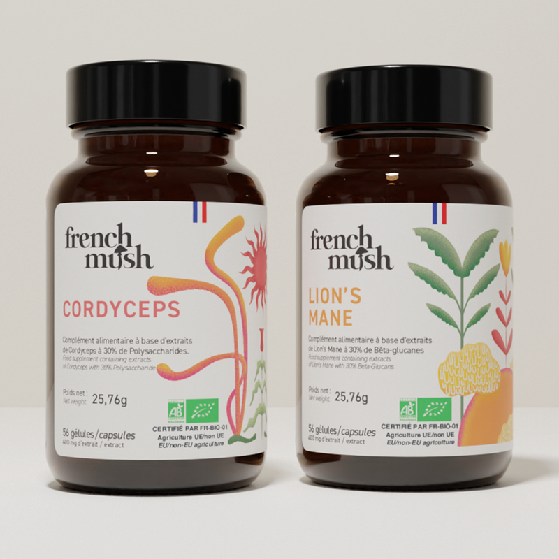 French Mush compléments alimentaires à base d'extraits de champignons médicinaux biologiques fabriqués en France Le Pack Mental et Énergie Gélules Bio - gélules -