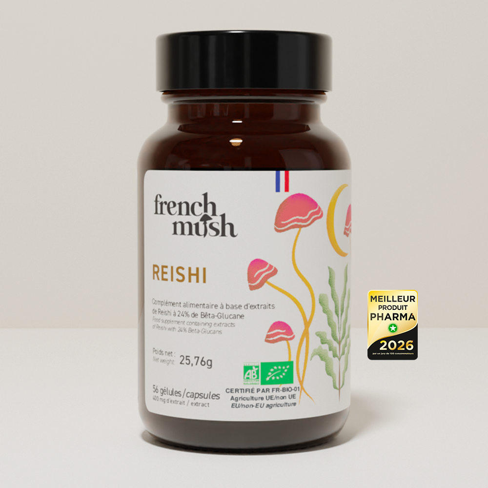 French Mush compléments alimentaires à base d'extraits de champignons médicinaux biologiques fabriqués en France Le Reishi - gélules - 56 gélules