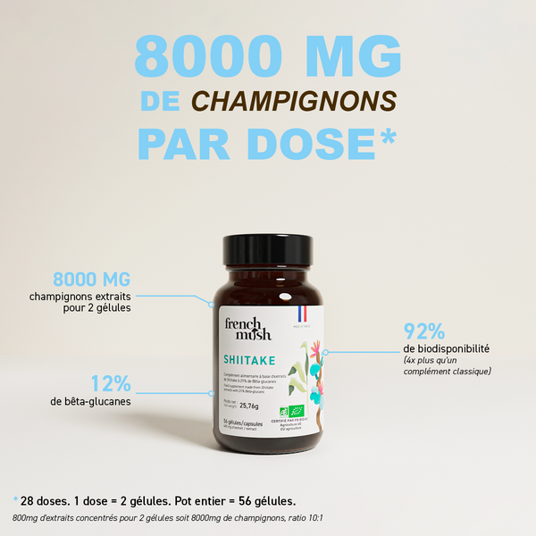 French Mush compléments alimentaires à base d'extraits de champignons médicinaux biologiques fabriqués en France - 800mg d'extraits concentrés par dose - Shiitake
