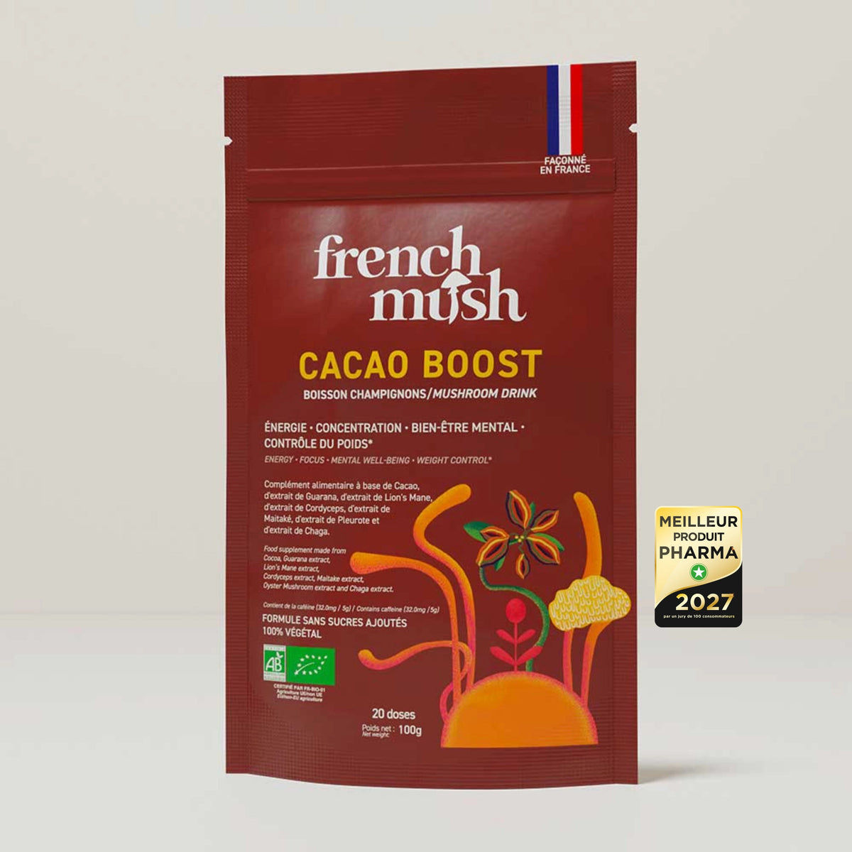 French Mush compléments alimentaires à base d'extraits de champignons médicinaux biologiques fabriqués en France - Boisson Boost Bio · Cacao - French Mush-boisson