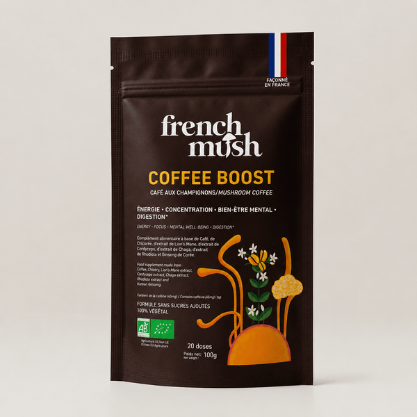 French Mush compléments alimentaires à base d'extraits de champignons médicinaux biologiques fabriqués en France Boisson Boost Bio · Café - boisson -