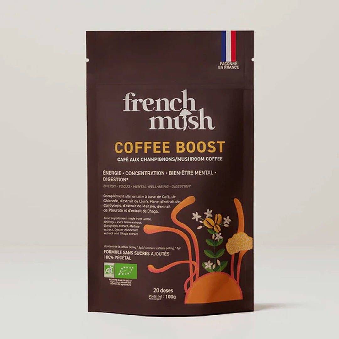 French Mush compléments alimentaires à base d'extraits de champignons médicinaux biologiques fabriqués en France - Boisson Boost Bio · Café - French Mush-boisson