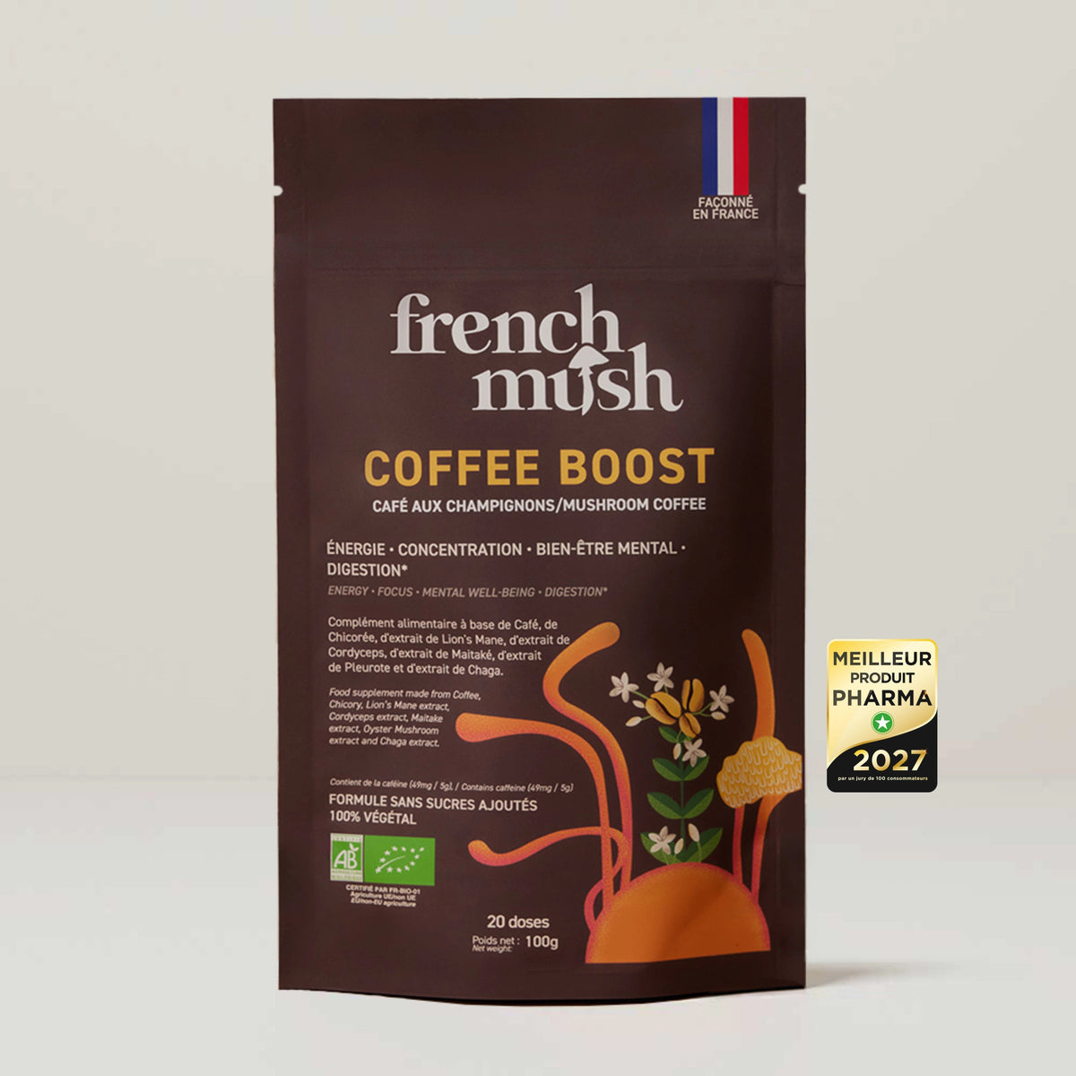 French Mush compléments alimentaires à base d'extraits de champignons médicinaux biologiques fabriqués en France - Boisson Boost Bio · Café - French Mush-boisson