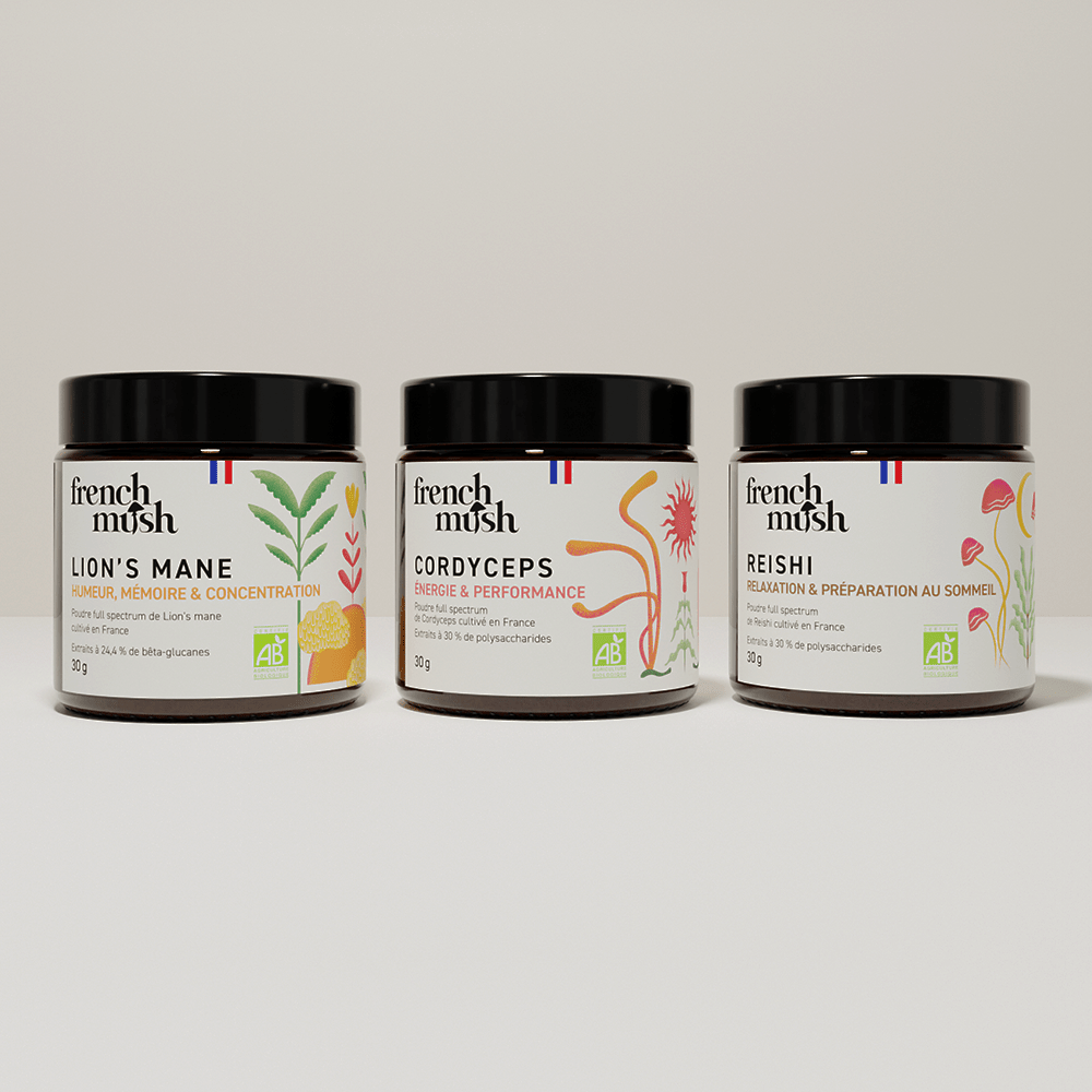 French Mush compléments alimentaires à base d'extraits de champignons médicinaux biologiques fabriqués en France Bien-être et ménopause poudre Bio - poudre -