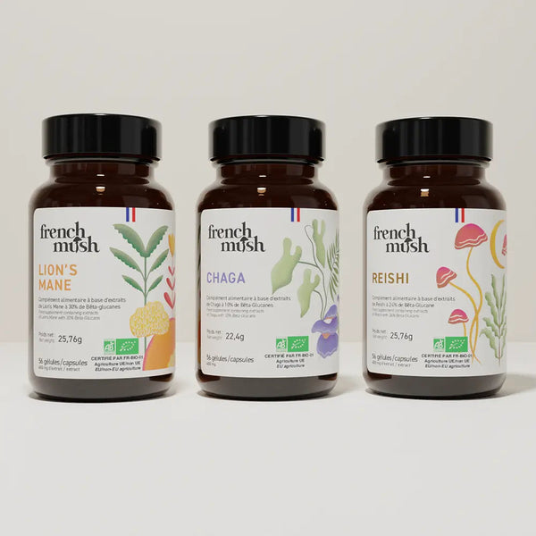 French Mush compléments alimentaires à base d'extraits de champignons médicinaux biologiques fabriqués en France Le pack Immunité et Stress Gélules Bio - gélules -