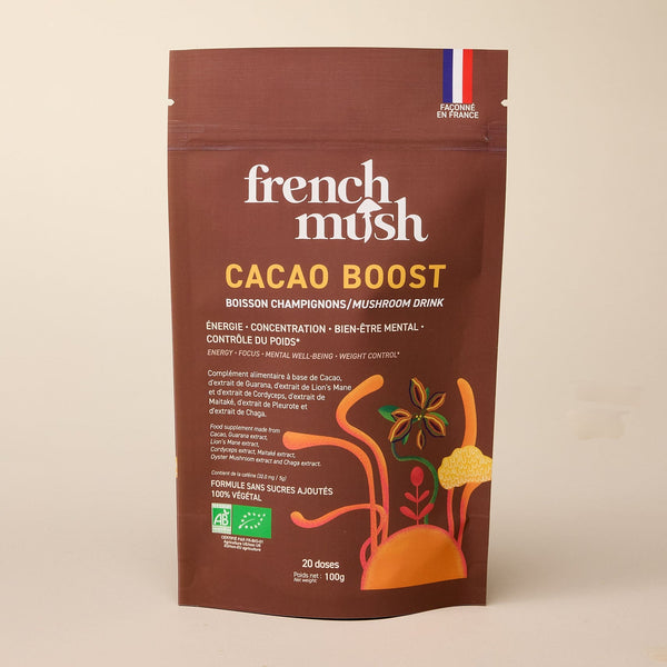 French Mush compléments alimentaires à base d'extraits de champignons médicinaux biologiques fabriqués en France Boisson Boost Bio · Cacao - boisson -