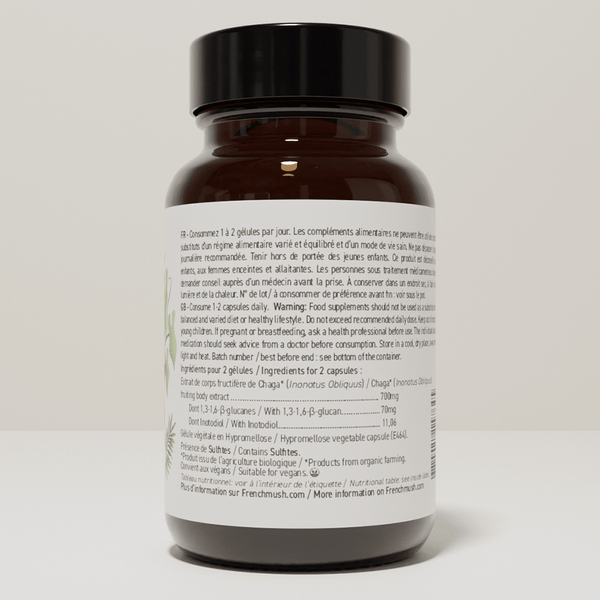 French Mush compléments alimentaires à base d'extraits de champignons médicinaux biologiques fabriqués en France Chaga Bio , votre allié beauté ! - gélules -