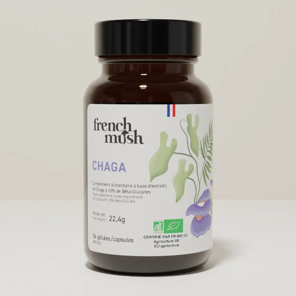 French Mush compléments alimentaires à base d'extraits de champignons médicinaux biologiques fabriqués en France Le Chaga Bio - gélules -
