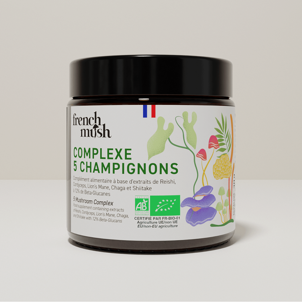 French Mush compléments alimentaires à base d'extraits de champignons médicinaux biologiques fabriqués en France - Complexe 5 Champignons – Ménopause Bio - French Mushpoudre