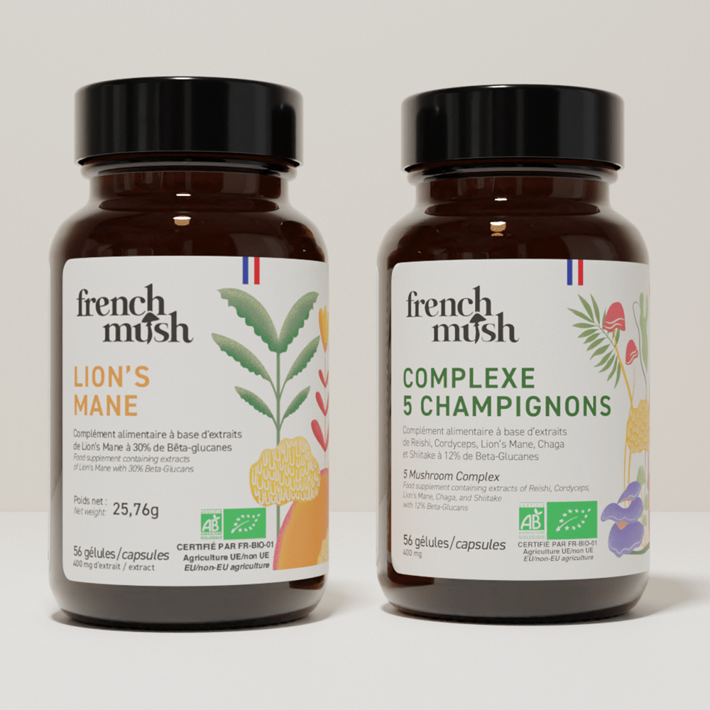 French Mush compléments alimentaires à base d'extraits de champignons médicinaux biologiques fabriqués en France Complexe Champignons 5 - Lion's Mane Bio - gélules -