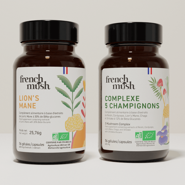 French Mush compléments alimentaires à base d'extraits de champignons médicinaux biologiques fabriqués en France Complexe Champignons 5 - Lion's Mane Bio - gélules -
