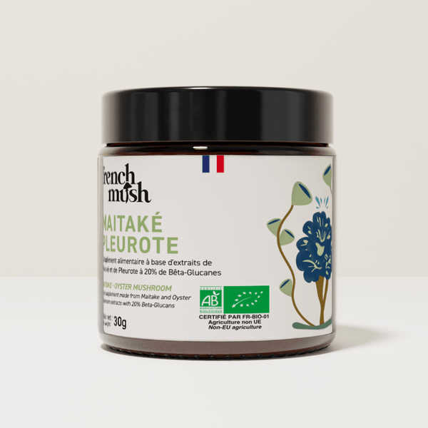 French Mush compléments alimentaires à base d'extraits de champignons médicinaux biologiques fabriqués en France Duo Maïtake Pleurote Bio - poudre -