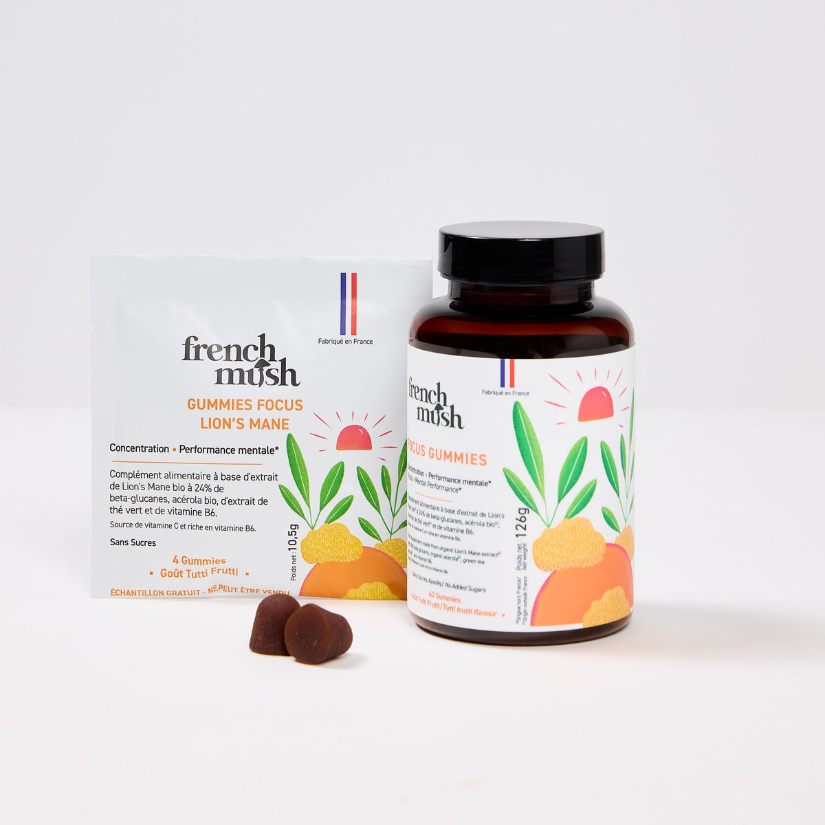 French Mush compléments alimentaires à base d'extraits de champignons médicinaux biologiques fabriqués en France Échantillon Gummies Focus - -