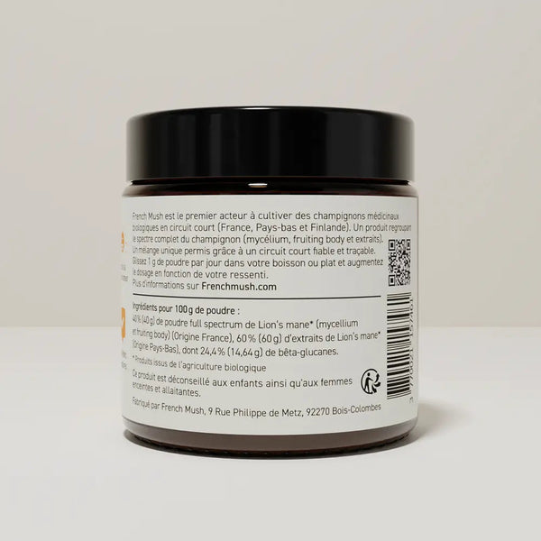 French Mush compléments alimentaires à base d'extraits de champignons médicinaux biologiques fabriqués en France Le Lion’s Mane Bio - poudre -