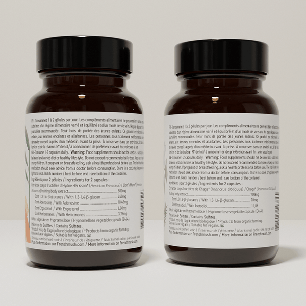 French Mush compléments alimentaires à base d'extraits de champignons médicinaux biologiques fabriqués en France Le Pack Focus et Immunité Gélules Bio - gélules -