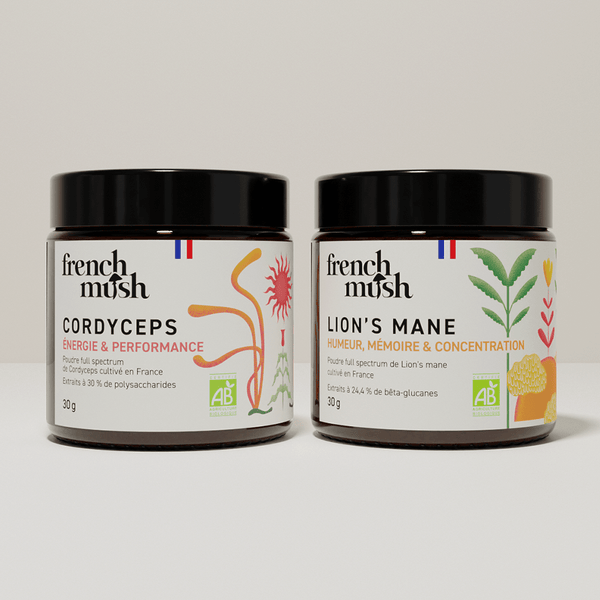 French Mush compléments alimentaires à base d'extraits de champignons médicinaux biologiques fabriqués en France Le Pack Mental et Énergie extraits en poudres Bio - poudre -