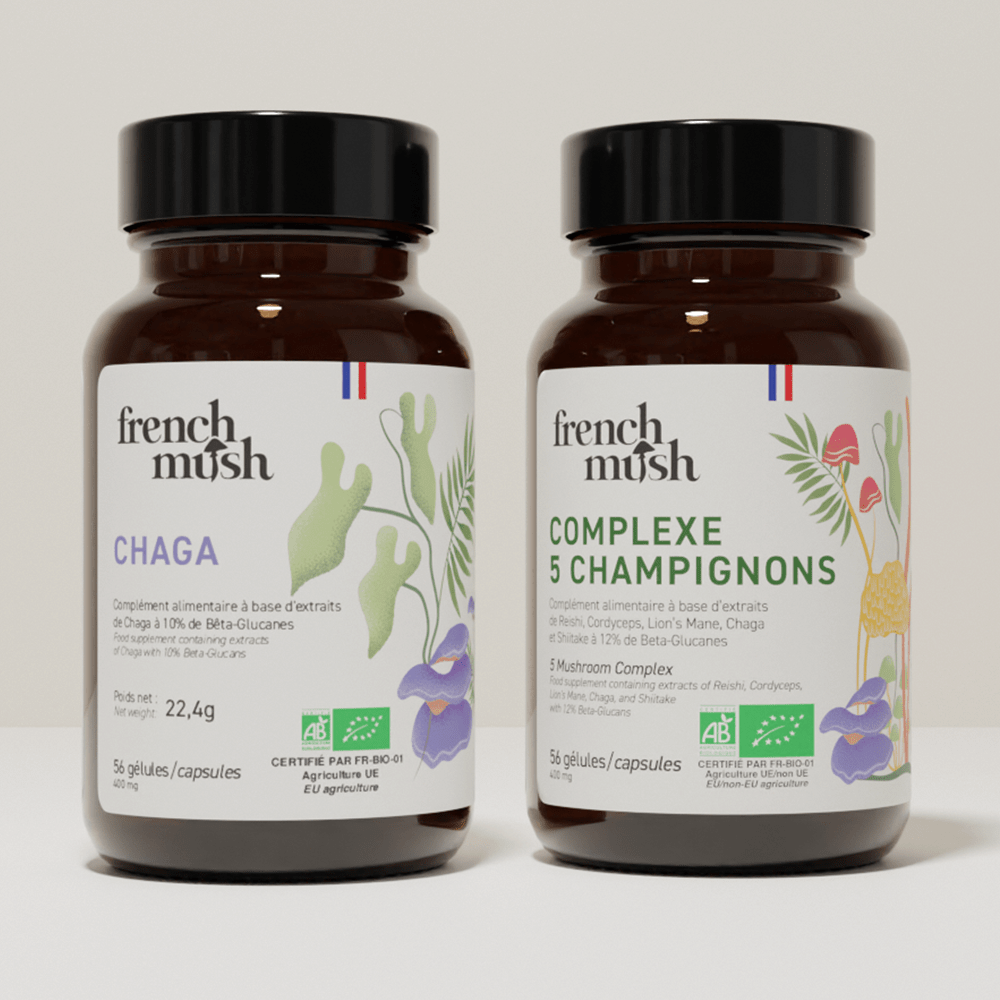 French Mush compléments alimentaires à base d'extraits de champignons médicinaux biologiques fabriqués en France Complexe Champignons 5 - Chaga Bio - gélules -