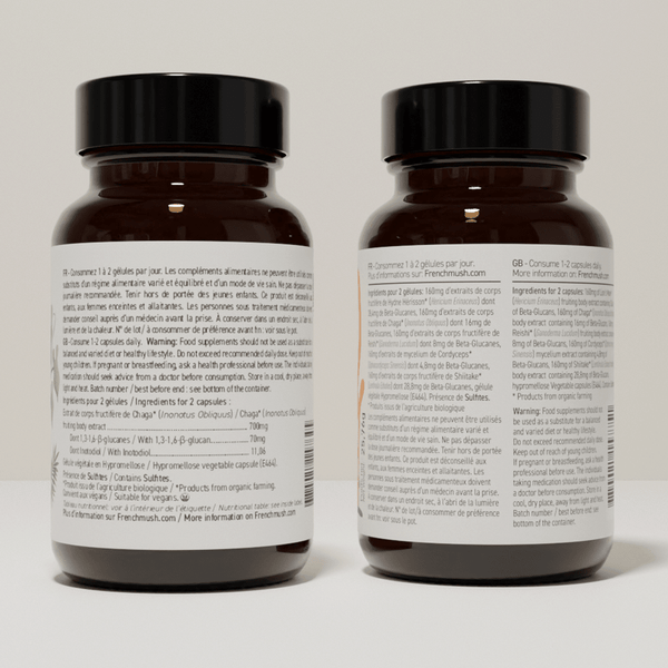 French Mush compléments alimentaires à base d'extraits de champignons médicinaux biologiques fabriqués en France Complexe Champignons 5 - Chaga Bio - gélules -