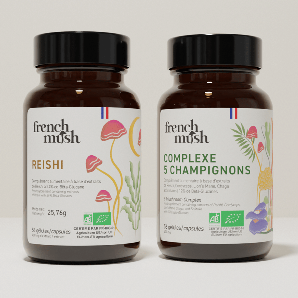 French Mush compléments alimentaires à base d'extraits de champignons médicinaux biologiques fabriqués en France Complexe Champignons 5 - Reishi Bio - gélules -