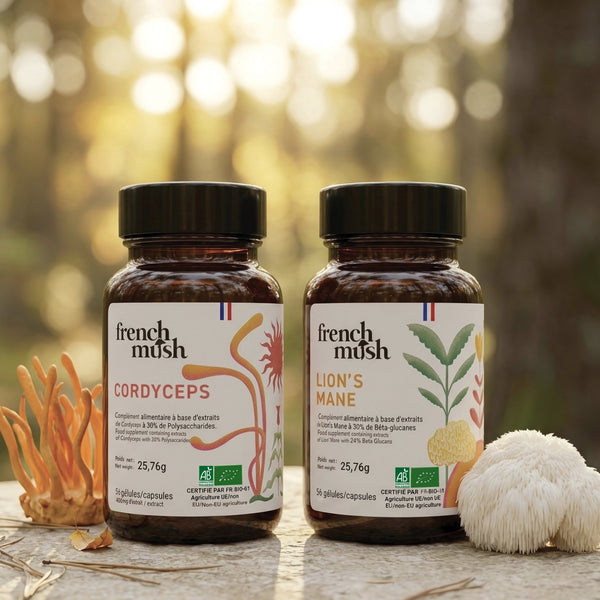 French Mush compléments alimentaires à base d'extraits de champignons médicinaux biologiques fabriqués en France Le Pack Mental et Énergie Gélules Bio - gélules -