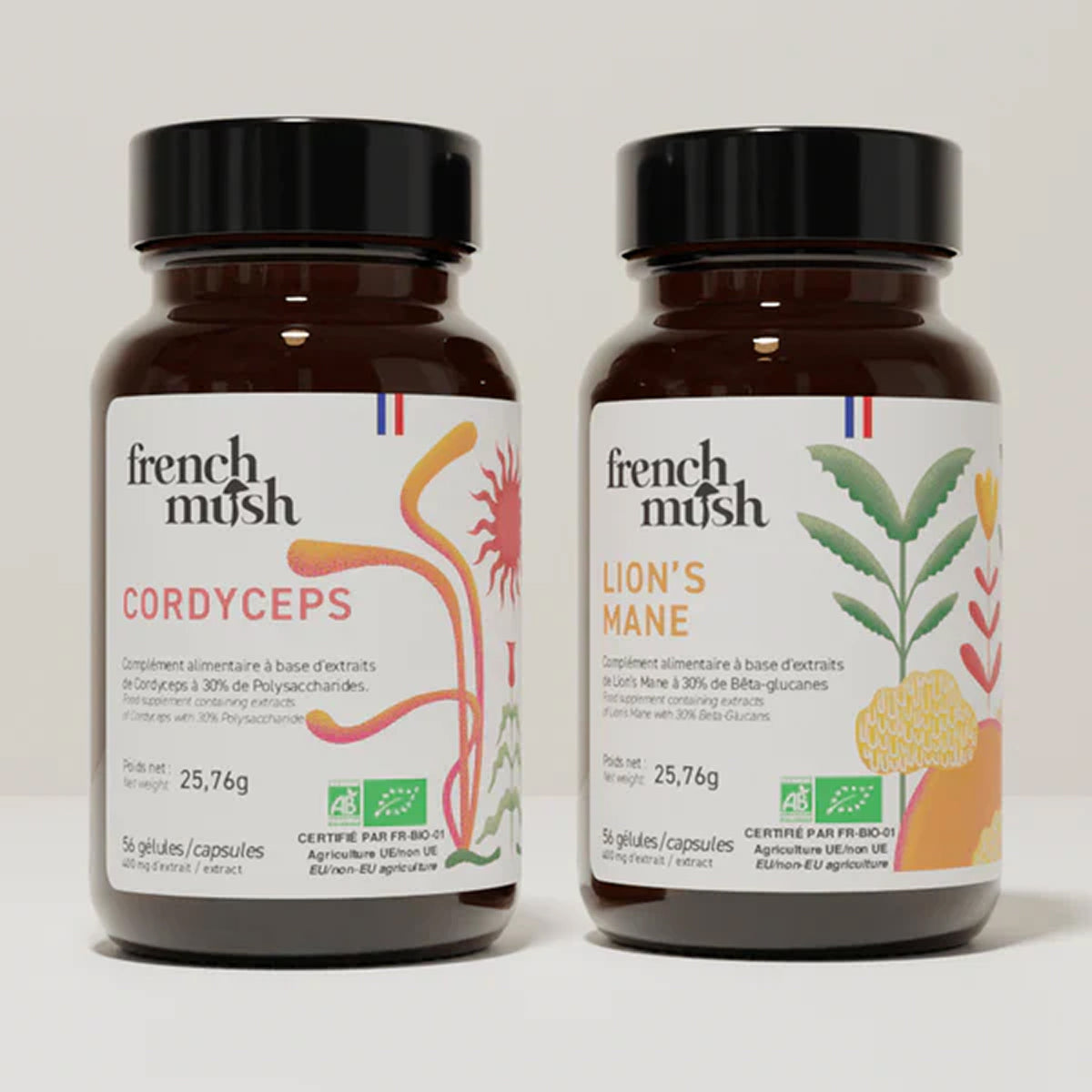 French Mush compléments alimentaires à base d'extraits de champignons médicinaux biologiques fabriqués en France - Le Pack Mental et Énergie Gélules Bio - French Mush-gélules