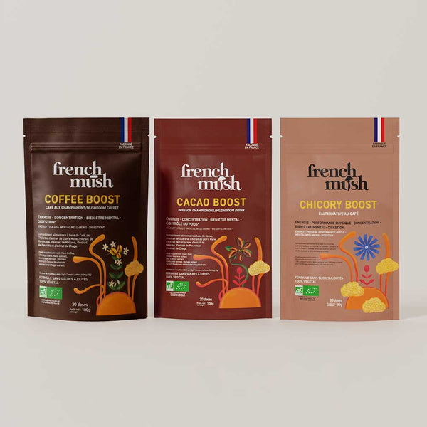 French Mush compléments alimentaires à base d'extraits de champignons médicinaux biologiques fabriqués en France Pack Trio - boisson -